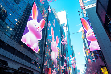kawaii Easter rabbit on a screen in a futuristic city