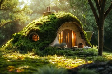 A fabulous wooden house with a roof in moss stands in the forest. 3d illustration