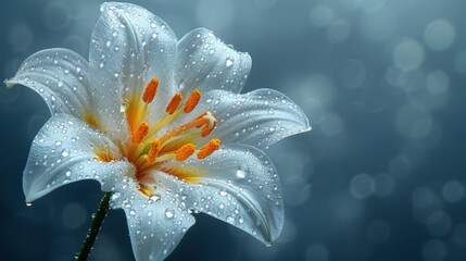 a close up of a white flower with drops of water on it's petals and a blurry background. - obrazy, fototapety, plakaty