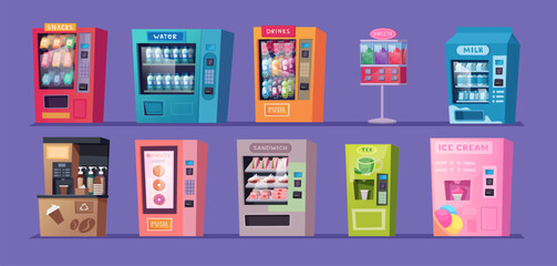 Vending machines. Drinks coffee soda fast food and snacks in vending automat exact vector templates - obrazy, fototapety, plakaty