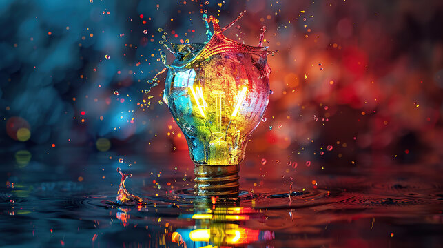 Business culture concept of Diversity, inclusion, equality, honesty, belonging, lgbtq, shown by different colors of paint splashes in a glass bulb, new ideas splashing