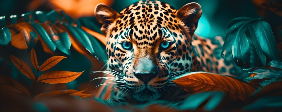 Naklejki Leopard print art with tropical vibes blending art nouveau and art deco. Concept Leopard Print Art, Tropical Vibes, Art Nouveau, Art Deco, Animal Print Art