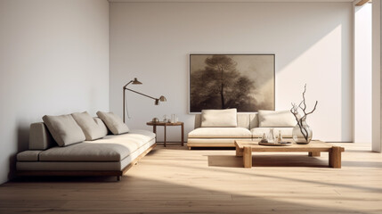 A modern living room with sustainable furnishings and a hint of traditional style