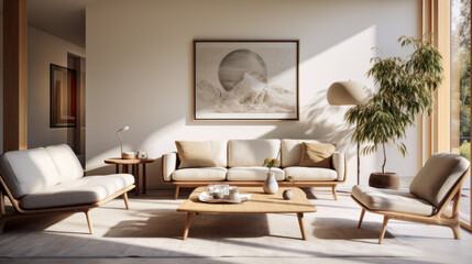 A modern living room with sustainable furnishings and a hint of traditional style - obrazy, fototapety, plakaty