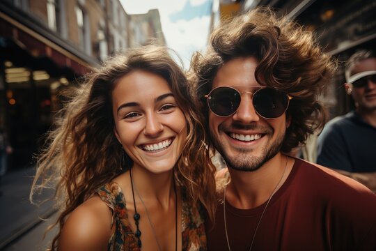 Happy young couple in love having fun hanging out on city street, Taking selfie cheerful on summer vacation together