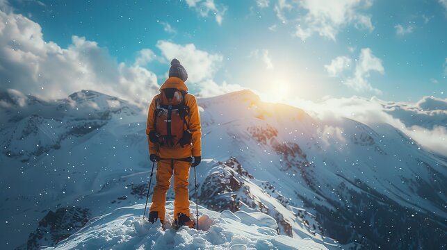 Hiker with arms up standing on the top of the mountain snowy - Man enjoying and celebrating the triumph - Sport and travel concept. AI generated illustration
