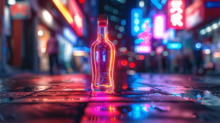 Against the backdrop of a bustling cityscape, a neon sign shaped like a vodka bottle glows with...