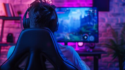 Young man gamer with headphones is sitting in his chair and playing games on his PC. 