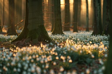 Beautiful spring morning in beech tree forest with field of snowdrops in golden hour light. Spring nature background.