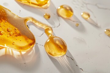 Honey drops on a white surface. Creative healthy food background. 