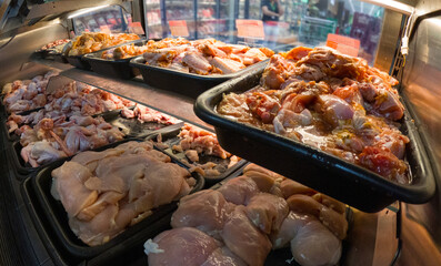 chicken meat in the market window