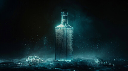 Against the darkness, a bottle of vodka emerges frosty and cold from the freezer, its icy exterior illuminated by neon lights against a sleek black background, promising refreshment and indulgence.
