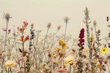 Wild flowers in the field concept with muted soft pastel colors and beige background. Floral backdrop with copy space. 
