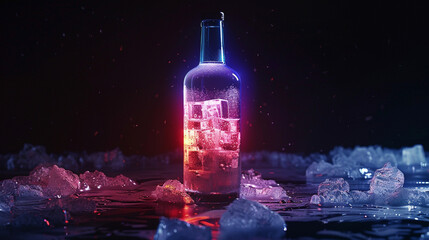 Against the darkness, a bottle of vodka emerges frosty and cold from the freezer, its icy exterior illuminated by neon lights against a sleek black background, promising refreshment and indulgence.