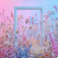Wild flowers in pastel pink and blue graduated colors with white photo frame in background. Spring beauty backdrop. 