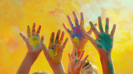 Raised hands of the child and parents with paints. Children and parents, minimal family life creative concept. Colorful background. 