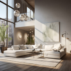 A modern living room with a high ceiling, track lighting, and a plush corner sofa
