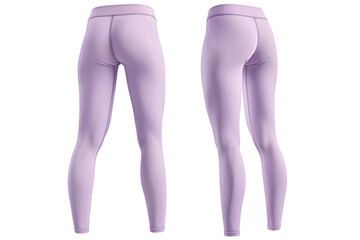 Front and back view of a lavender basic leggings template. Stretchable and form-fitting, mockups for design and print, isolated on a white or transparent background