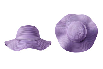 Front and back view of a lavender summer hat template. Wide-brimmed for sun protection, mockups for design and print, isolated on a white or transparent background. 
