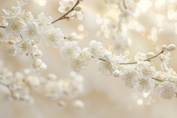 White cherry blossom in spring on a pastel beige background. 