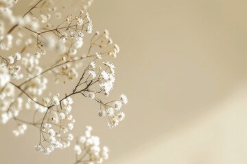 Blossom in spring. Blooming branch of gypsophila in front of a pastel beige background. Spring creative minimal arrangement with copy space. 