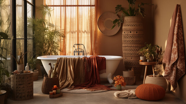 Fototapeta Przytulna łazienka w stylu boho - pomarańczowe i brązowe odcienie wnętrza. Rośliny i wzorzyste tekstylia. Render 3d. Wizualizacja