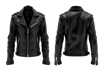 Front and back view of a midnight black leather jacket template. With zippers and a biker style, mockups for design and print, isolated on a white or transparent background.