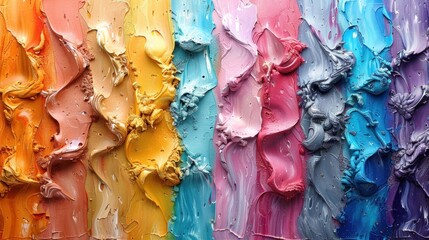 a close up of a multicolored painting with lots of paint smothered in different shades of blue, red, yellow, green, orange, and purple. - obrazy, fototapety, plakaty
