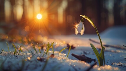 Beautiful snowdrop flower in forest.  