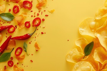 Flat lay creative food arrangement with copy space. Potato chips slices and red hot chilly pepper on a yellow background. 