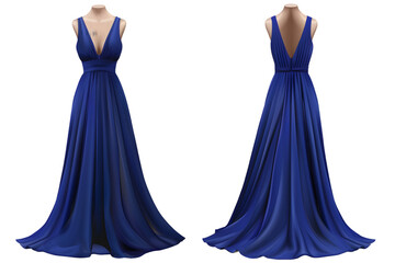 Front and back view of a royal blue maxi dress template. Elegant and sleeveless, mockups for design and print, isolated on a white or transparent background. 