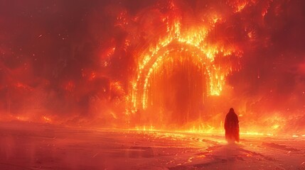 a man standing in the middle of a fire filled area with a giant structure in the middle of the picture.