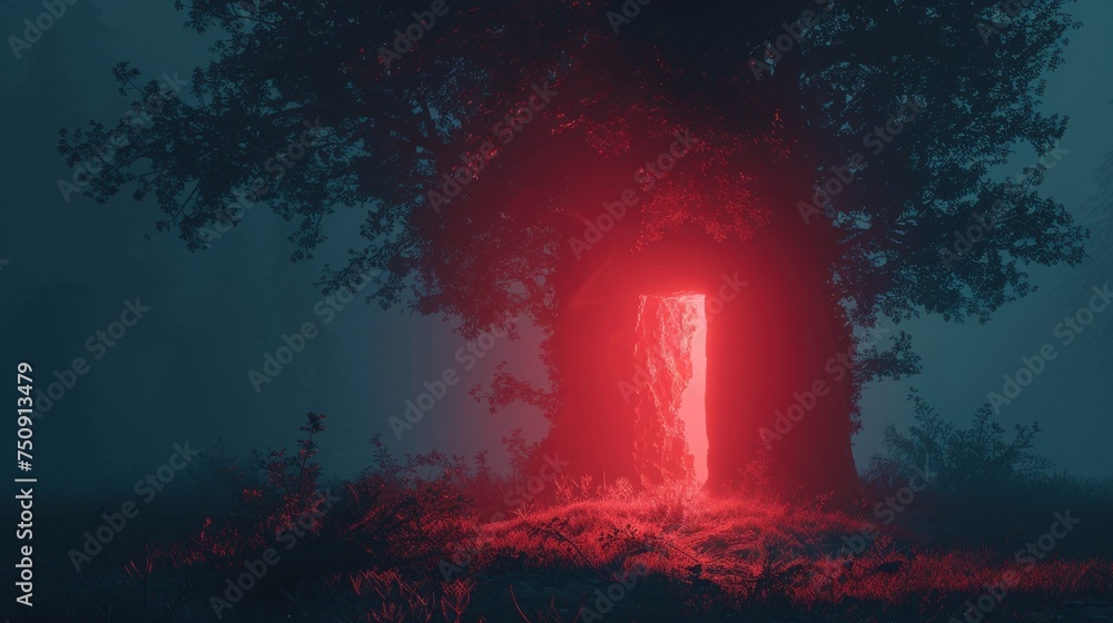 Wall mural a red light shines in the middle of a dark forest with a tree in the foreground and a doorway in the