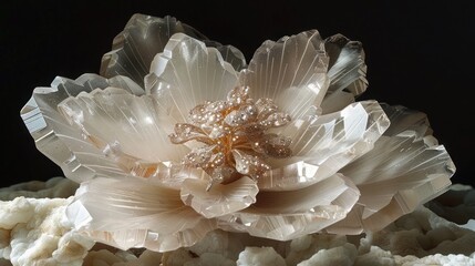 a crystal flower sitting on top of a pile of cauliflower florets in front of a black background.