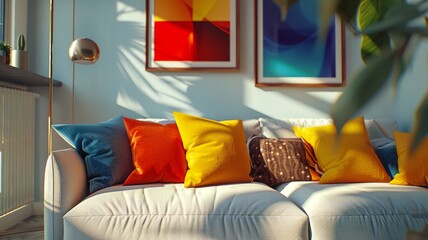 Modern living room with vibrant cushions on a plush grey sofa offers a relaxed atmosphere
