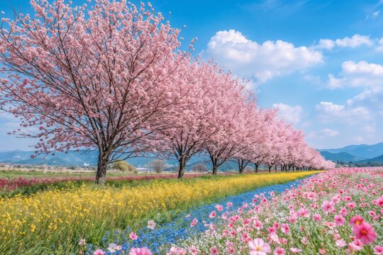 Blossoming cherry trees and wildflower meadow