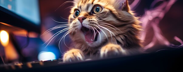 An enthusiastic feline gamer fully absorbed in gaming on a PC setup. Concept Cat, Gamer, PC, Video Games, Enthusiastic