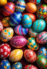 Fototapeta na wymiar illustration, vibrant close shots multicolored easter eggs decorated various patterns festive celebration, colorful, bright, holiday, tradition, spring, artistic