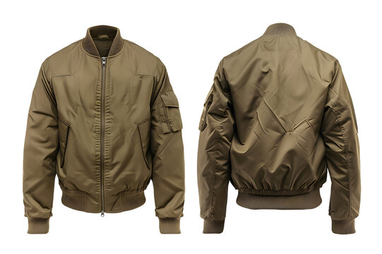 Front and back view of a khaki military jacket template. Rugged design with pockets and patches, mockups for design and print, isolated on a white or transparent background. 