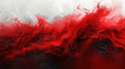 a red and black abstract painting on a white and black background with red swirls on the left side of the image.