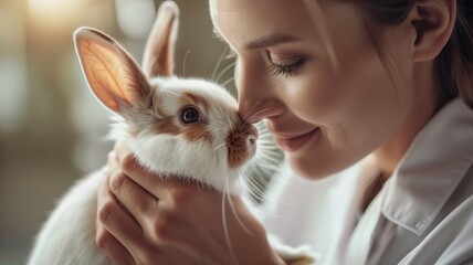 A woman gently holds and nuzzles a white and brown rabbit