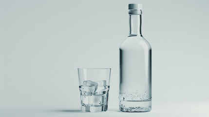 A bottle of vodka and a shot glass with ice are elegantly presented against a clean white background, their minimalist presence hinting at the cool refreshment they offer.
