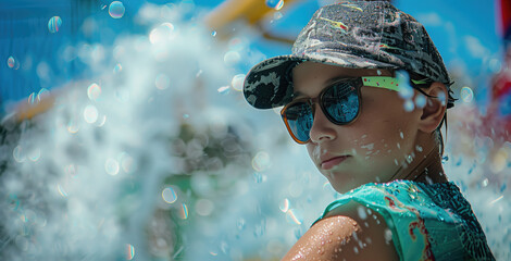 A boy in a cap and sunglasses is surrounded by a flurry of bubbles, his expression cool and composed
