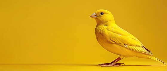 a yellow bird sitting on top of a yellow floor next to a yellow wall and a yellow wall behind it.