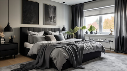 Sypialnia glamour - mockup dla obrazu na ścianie. Czarne ciemne i białe kolory wnętrza. Render 3d. Wizualizacja	