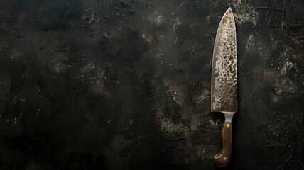 An artisan chef's knife on a dark, textured background