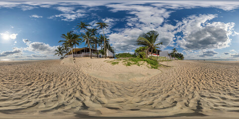 360 hdri panorama with coconut trees on ocean coast near tropical shack or open air shack cafe on...