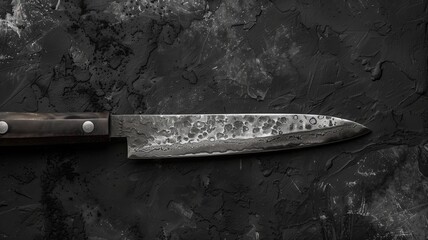Artistic close-up of a damascus steel chef knife on dark slate - obrazy, fototapety, plakaty