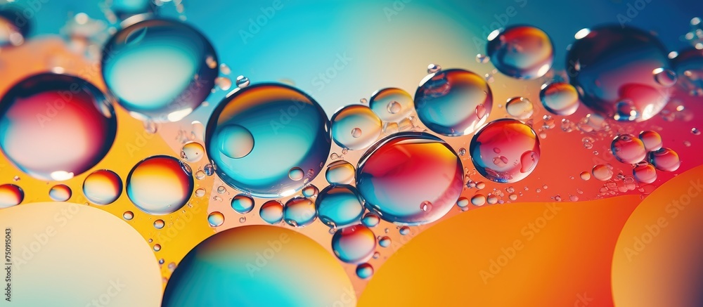 Poster close-up view of various-sized bubbles formed by oil on the surface of water, creating an abstract a