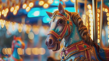 Fototapeta na wymiar Carousel horse with vibrant colors against a bokeh light background